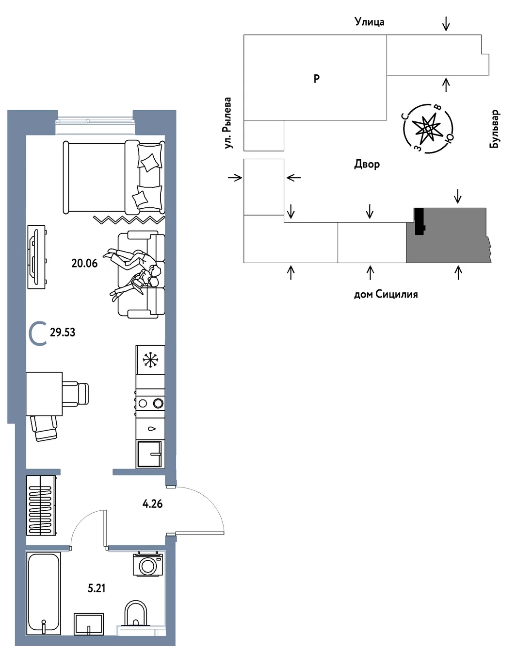 Планировка Студия, 29.53 м² ЖК «Остров-сад»