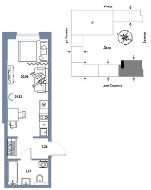Планировка Студия, 29.53 м² ЖК «Остров-сад»
