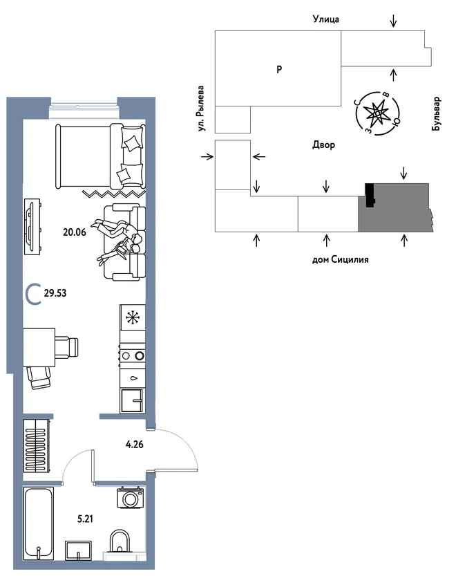 Планировка Студия, 29.53 м² ЖК «Остров-сад» Планировка Студия, 29.53 м² ЖК «Остров-сад»