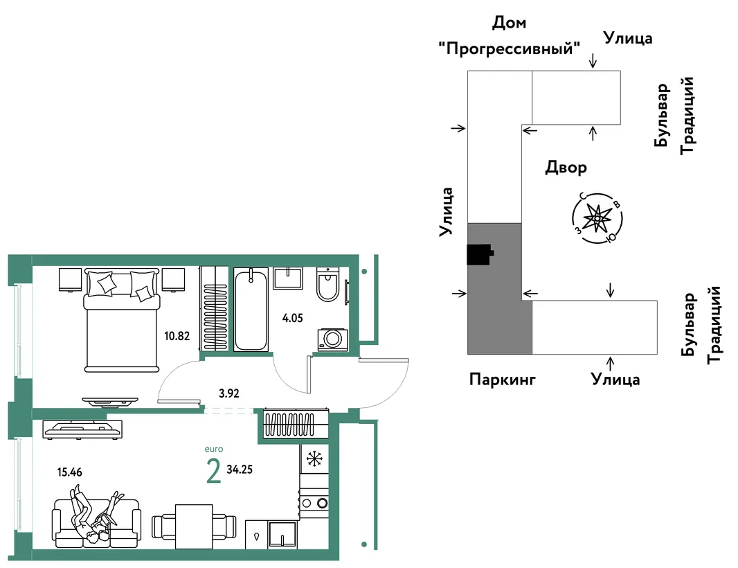 Планировка 2-комн. квартира, 34.25 м² ЖК «Микрорайон Домашний»