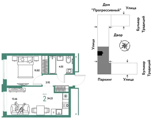 Планировка 2-комн. квартира, 34.25 м² ЖК «Микрорайон Домашний»