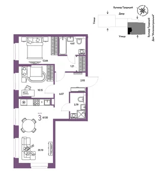 Планировка 3-комн. квартира, 61.5 м² ЖК «Микрорайон Домашний»