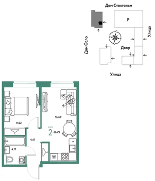 Планировка 2-комн. квартира, 36.29 м² ЖК «Европейский берег 2.0»