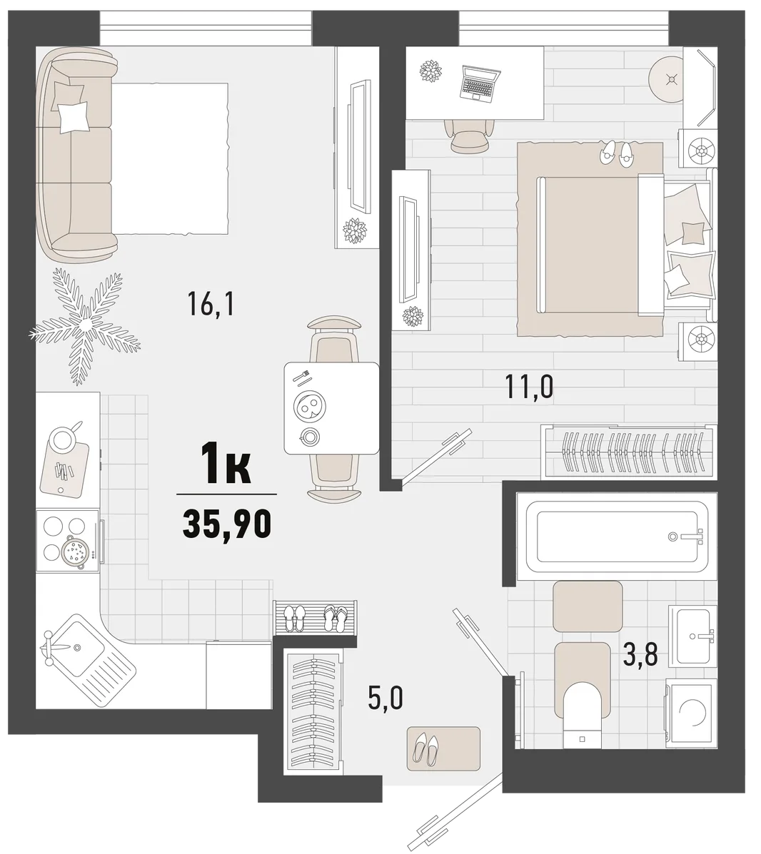 Планировка 1-комн. квартира, 35.9 м² ЖК «Барса»