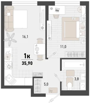 Планировка 1-комн. квартира, 35.9 м² ЖК «Барса»