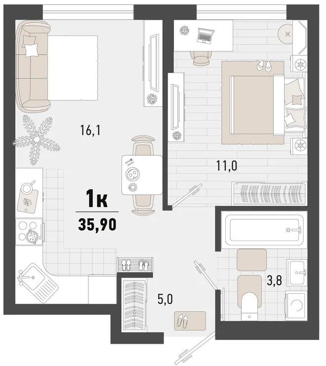 Планировка 1-комн. квартира, 35.9 м² ЖК «Барса» Планировка 1-комн. квартира, 35.9 м² ЖК «Барса»