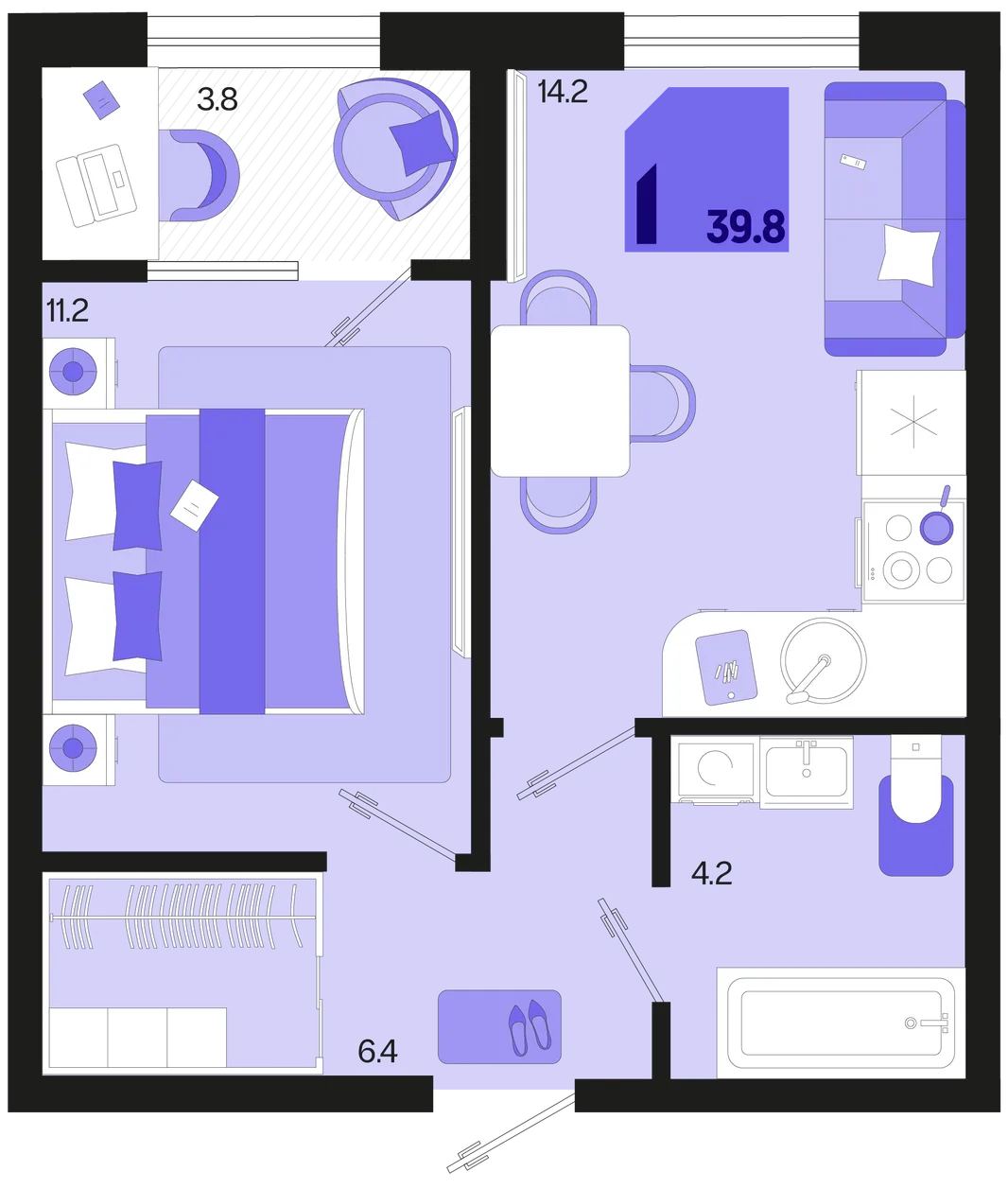 Планировка 1-комн. квартира, 39.8 м² ЖК «Первое место»