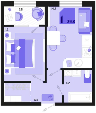 Планировка 1-комн. квартира, 39.8 м² ЖК «Первое место»
