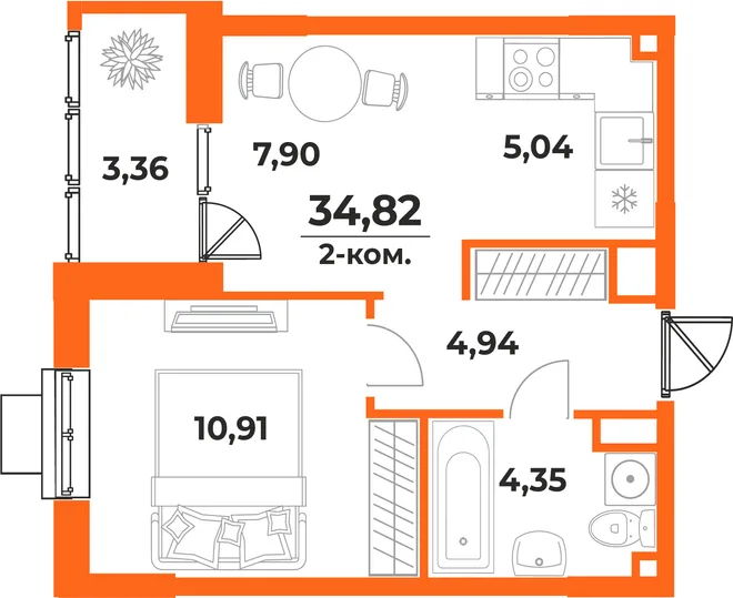 Планировка 2-комн. квартира, 34.82 м² ЖК «Живописный сад» Планировка 2-комн. квартира, 34.82 м² ЖК «Живописный сад»