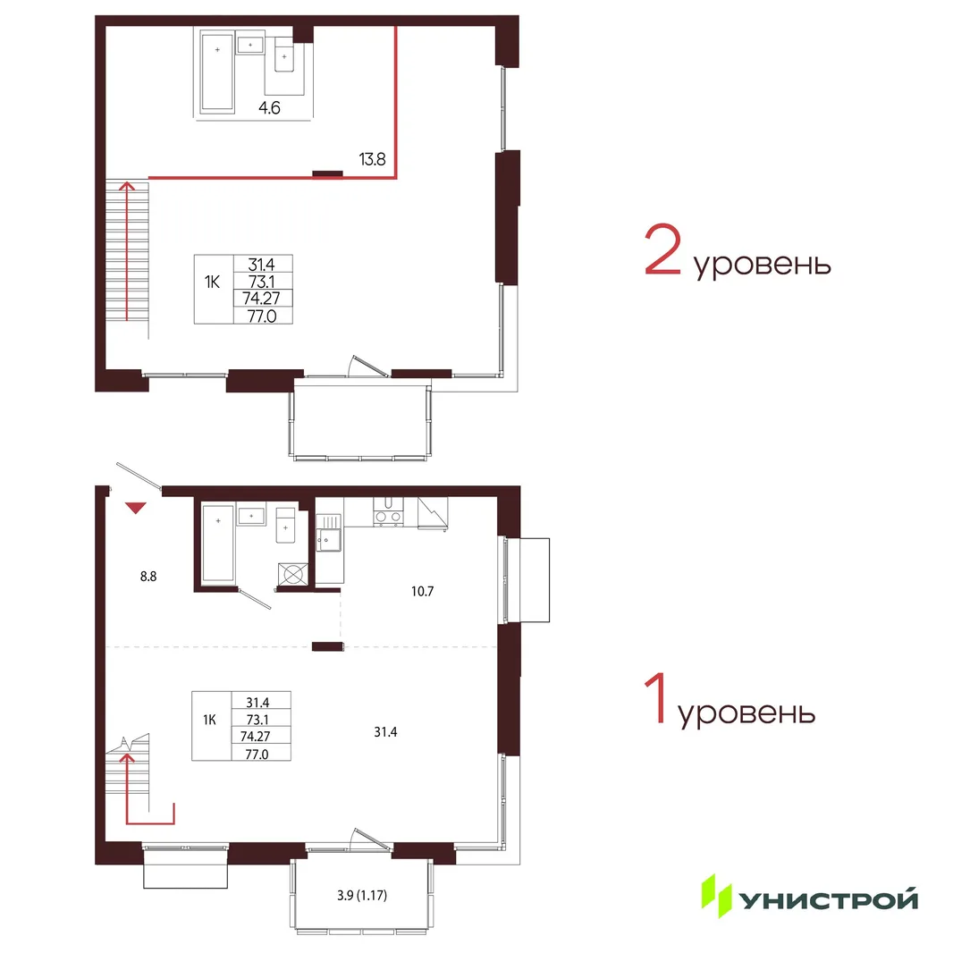 Планировка 1-комн. квартира, 74.27 м² ЖК «Лисино»