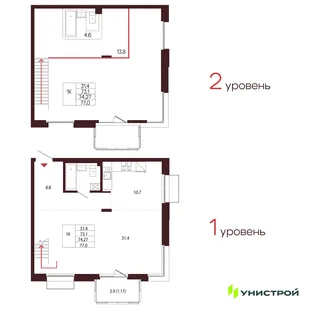 Планировка 1-комн. квартира, 74.27 м² ЖК «Лисино»