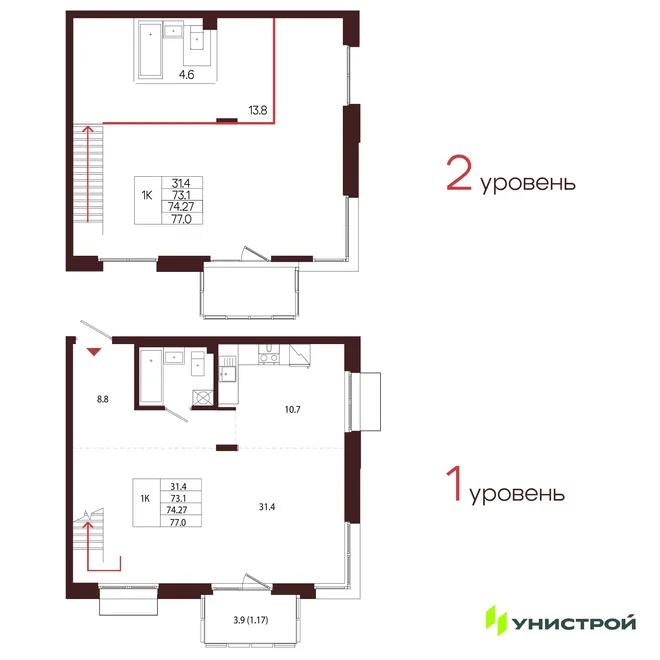 Планировка 1-комн. квартира, 74.27 м² ЖК «Лисино» Планировка 1-комн. квартира, 74.27 м² ЖК «Лисино»