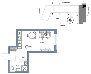 Планировка Студия, 26.48 м² ЖК «Авторский»