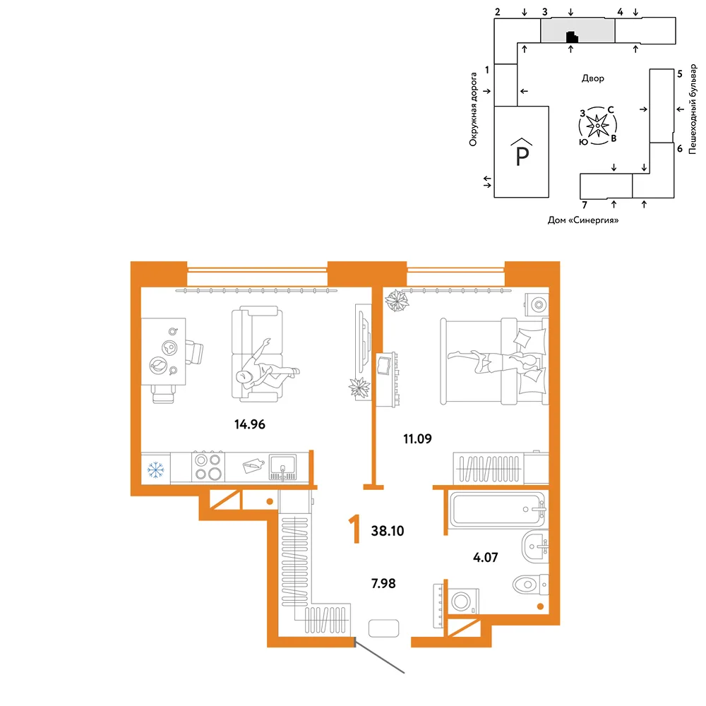 Планировка 1-комн. квартира, 38.1 м² ЖК «Юнион»