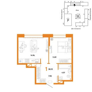Планировка 1-комн. квартира, 38.1 м² ЖК «Юнион»