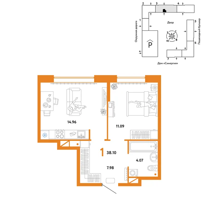 Планировка 1-комн. квартира, 38.1 м² ЖК «Юнион» Планировка 1-комн. квартира, 38.1 м² ЖК «Юнион»