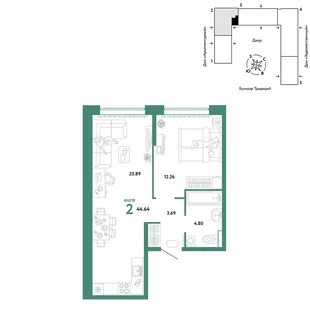 Планировка 2-комн. квартира, 44.64 м² ЖК «Микрорайон Домашний»