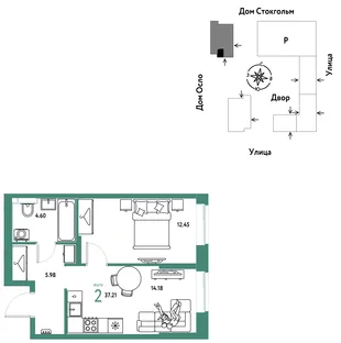 Планировка 2-комн. квартира, 37.22 м² ЖК «Европейский берег 2.0»
