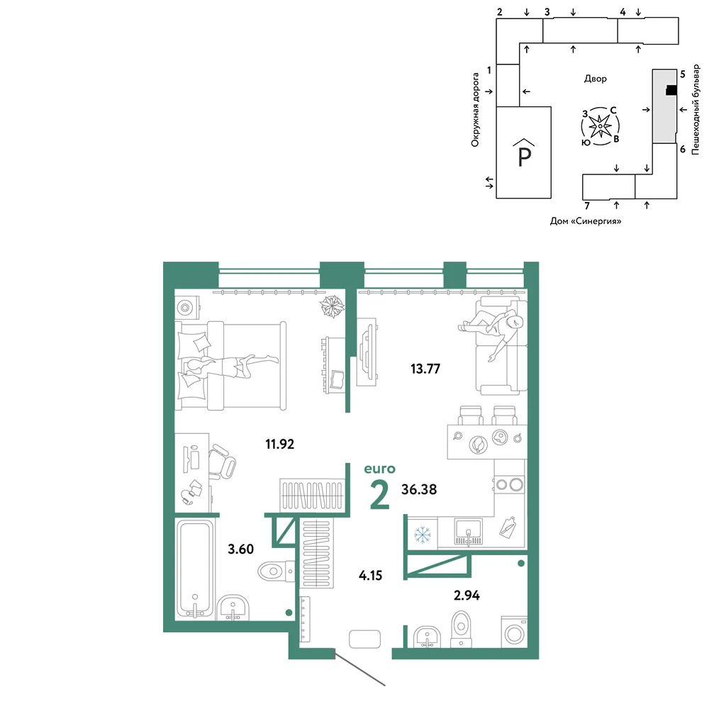 Планировка 2-комн. квартира, 36.38 м² ЖК «Юнион»
