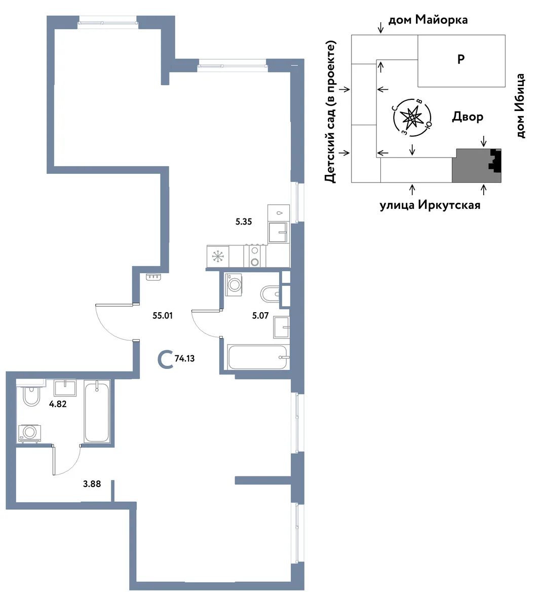 Планировка Студия, 73.92 м² ЖК «Остров-сад»