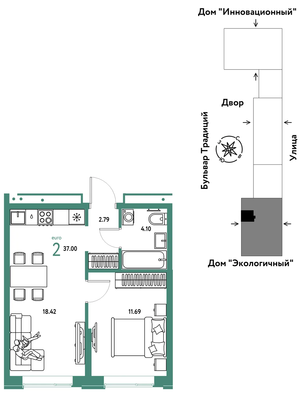 Планировка 2-комн. квартира, 37 м² ЖК «Микрорайон Домашний»