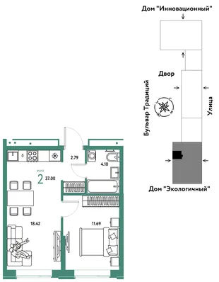 Планировка 2-комн. квартира, 37 м² ЖК «Микрорайон Домашний»
