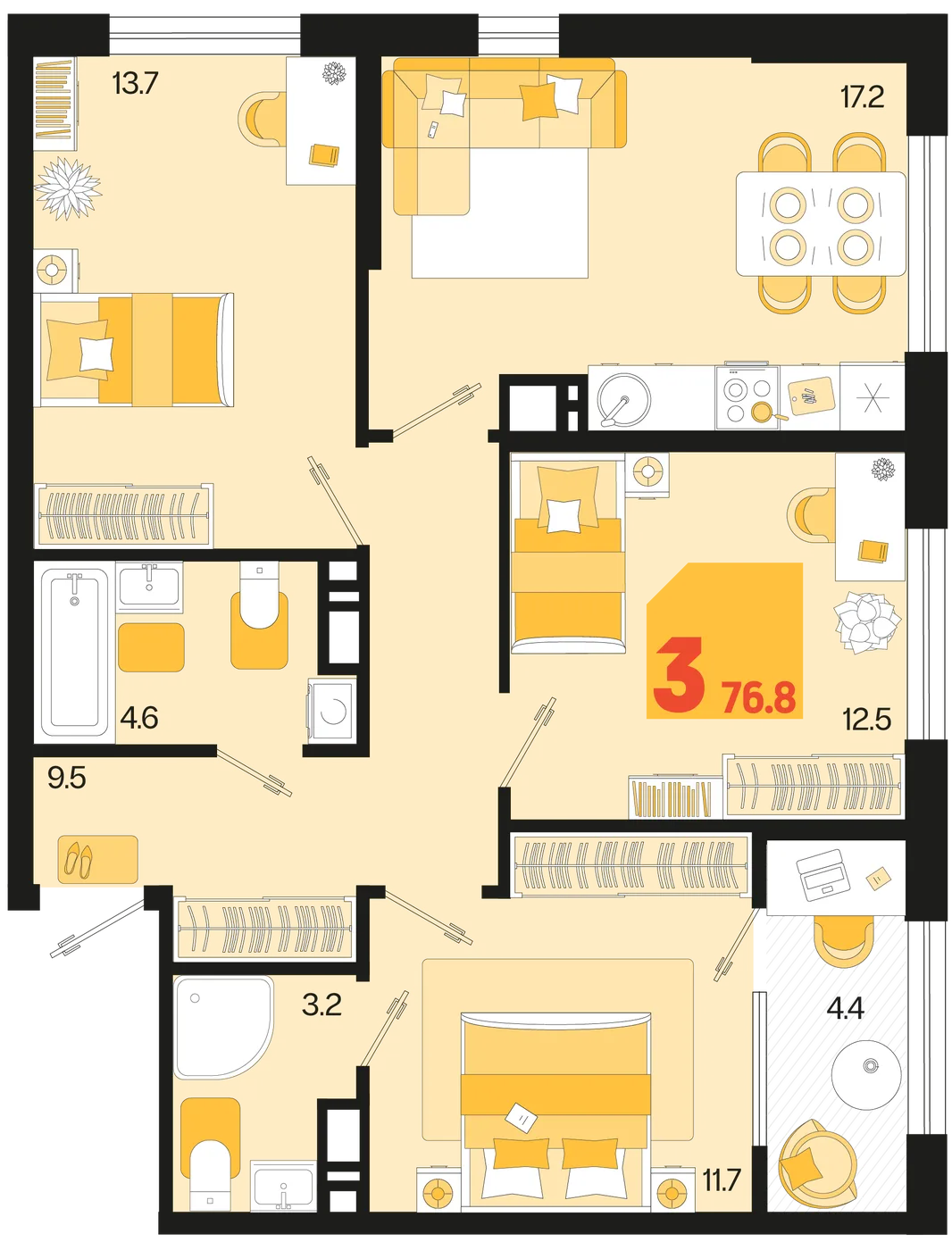 Планировка 3-комн. квартира, 76.8 м² ЖК «Первое место»