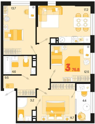 Планировка 3-комн. квартира, 76.8 м² ЖК «Первое место»