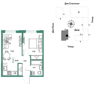 Планировка 2-комн. квартира, 37.09 м² ЖК «Европейский берег 2.0»