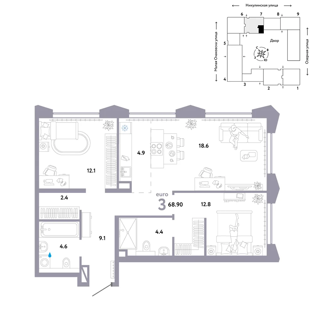 Планировка 3-комн. квартира, 68.9 м² ЖК «Страна.Озёрная»