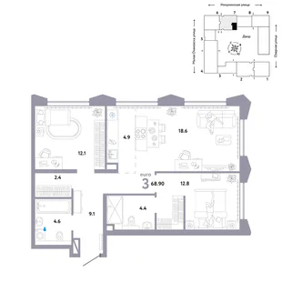 Планировка 3-комн. квартира, 68.9 м² ЖК «Страна.Озёрная»