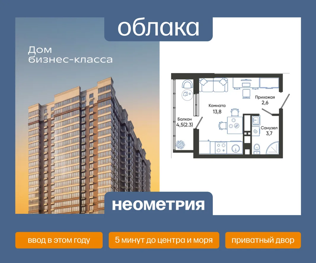 Планировка Студия, 22.4 м² ЖК «Облака»
