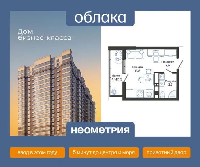 Планировка Студия, 22.4 м² ЖК «Облака» Планировка Студия, 22.4 м² ЖК «Облака»