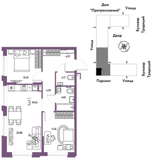 Планировка 3-комн. квартира, 59.65 м² ЖК «Микрорайон Домашний»