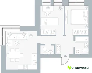 Планировка 2-комн. квартира, 53.38 м² ЖК «Причал»