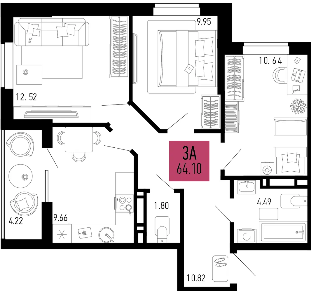 Планировка 3-комн. квартира, 64.1 м² ЖК «Столицыно»