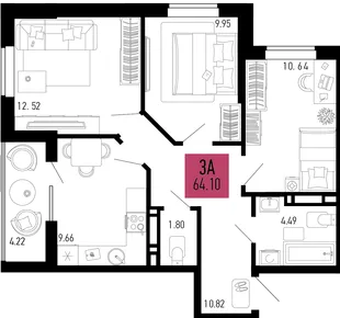 Планировка 3-комн. квартира, 64.1 м² ЖК «Столицыно»