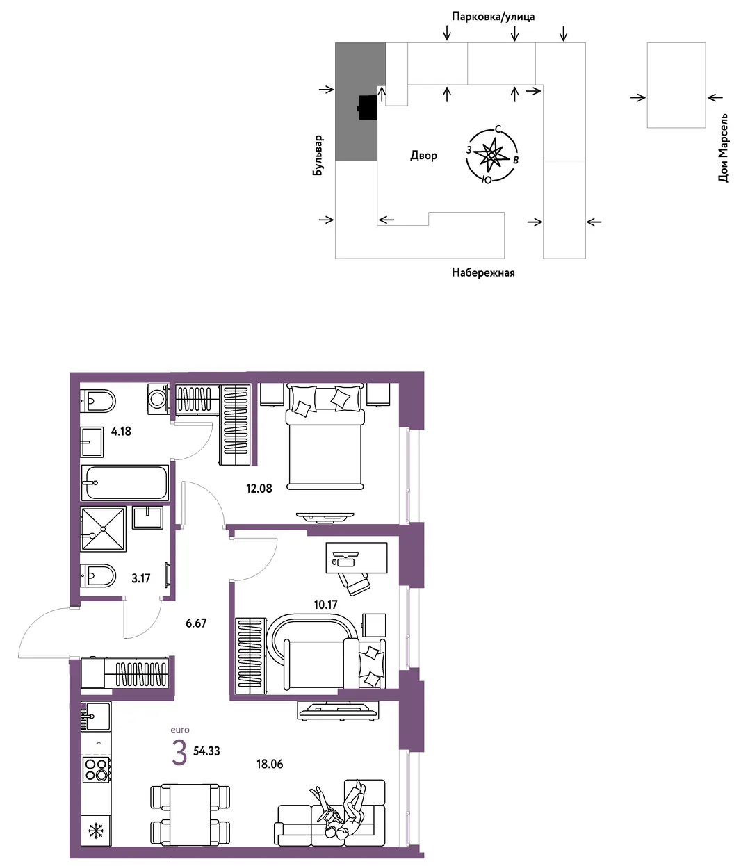 Планировка 3-комн. квартира, 54.33 м² ЖК «Европейский берег 2.0»