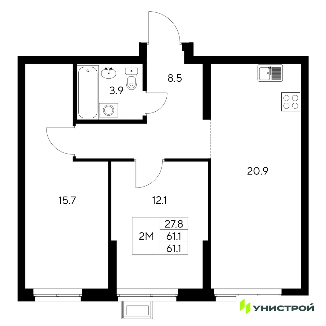 Планировка 2-комн. квартира, 61.1 м² ЖК «Стадиум»