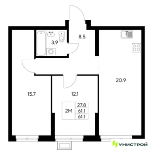 Планировка 2-комн. квартира, 61.1 м² ЖК «Стадиум»