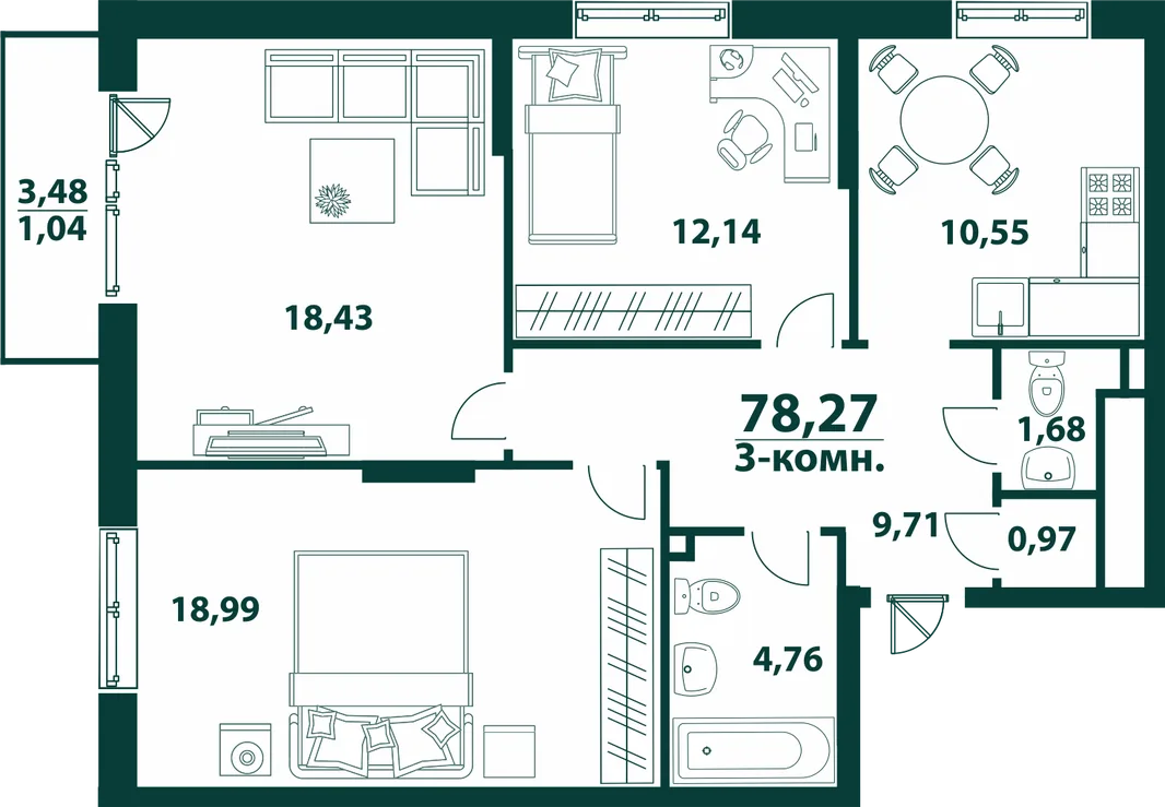 Планировка 3-комн. квартира, 78.27 м² ЖК «Аквамарин 2»