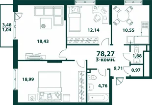 Планировка 3-комн. квартира, 78.27 м² ЖК «Аквамарин 2»