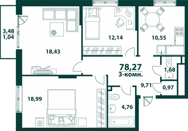 Планировка 3-комн. квартира, 78.27 м² ЖК «Аквамарин 2» Планировка 3-комн. квартира, 78.27 м² ЖК «Аквамарин 2»
