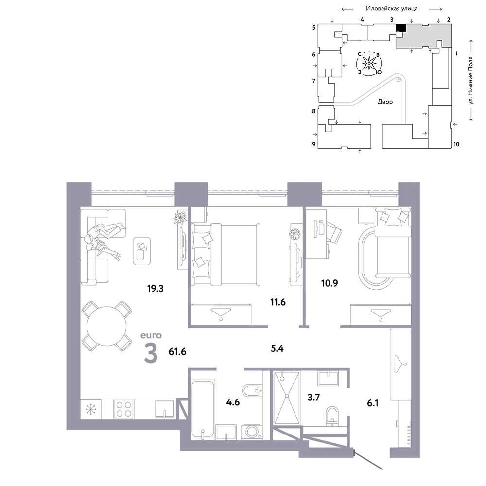 Планировка 3-комн. квартира, 61.6 м² ЖК «Страна.Заречная»