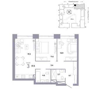Планировка 3-комн. квартира, 61.6 м² ЖК «Страна.Заречная»
