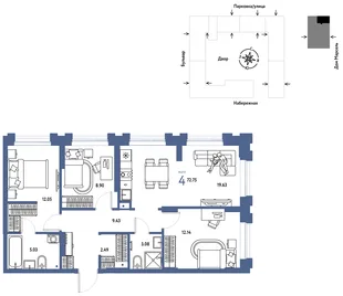 Планировка 4-комн. квартира, 72.75 м² ЖК «Европейский берег 2.0»