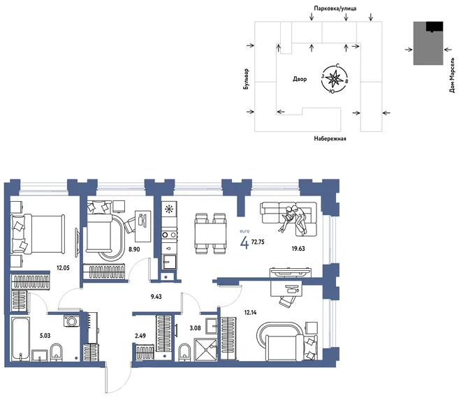 Планировка 4-комн. квартира, 72.75 м² ЖК «Европейский берег 2.0» Планировка 4-комн. квартира, 72.75 м² ЖК «Европейский берег 2.0»