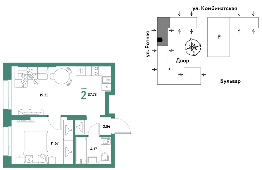Планировка 2-комн. квартира, 37.56 м² ЖК «Уральский сад»