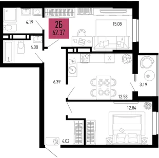 Планировка 2-комн. квартира, 62.37 м² ЖК «Столицыно»