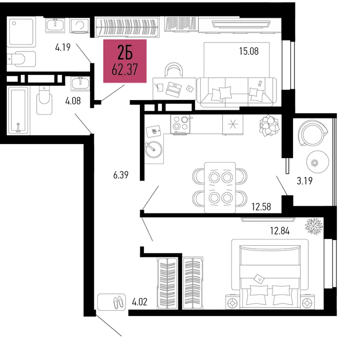 Планировка 2-комн. квартира, 62.37 м² ЖК «Столицыно» Планировка 2-комн. квартира, 62.37 м² ЖК «Столицыно»